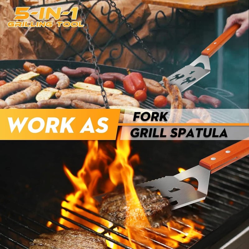 PURPLEBIRD Grill Spatula for Outdoor Grill, 5 in 1 Grilling Tools 16" Long BBQ Spatula with Wooden Handle, Father's Gift, for Men, for Dad - Image 3